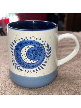 Moon & Butterfly Blue Ceramic Mug  14 Oz Capacity Starry Night Design Boho Witch